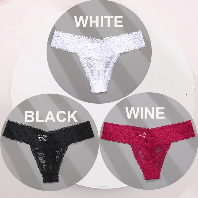 FINETOO 3PCS/Set M-XL G-string Thong Panties for Woman Sexy Lace Floral Underwear Transparent Women's Underpants Female Lingerie