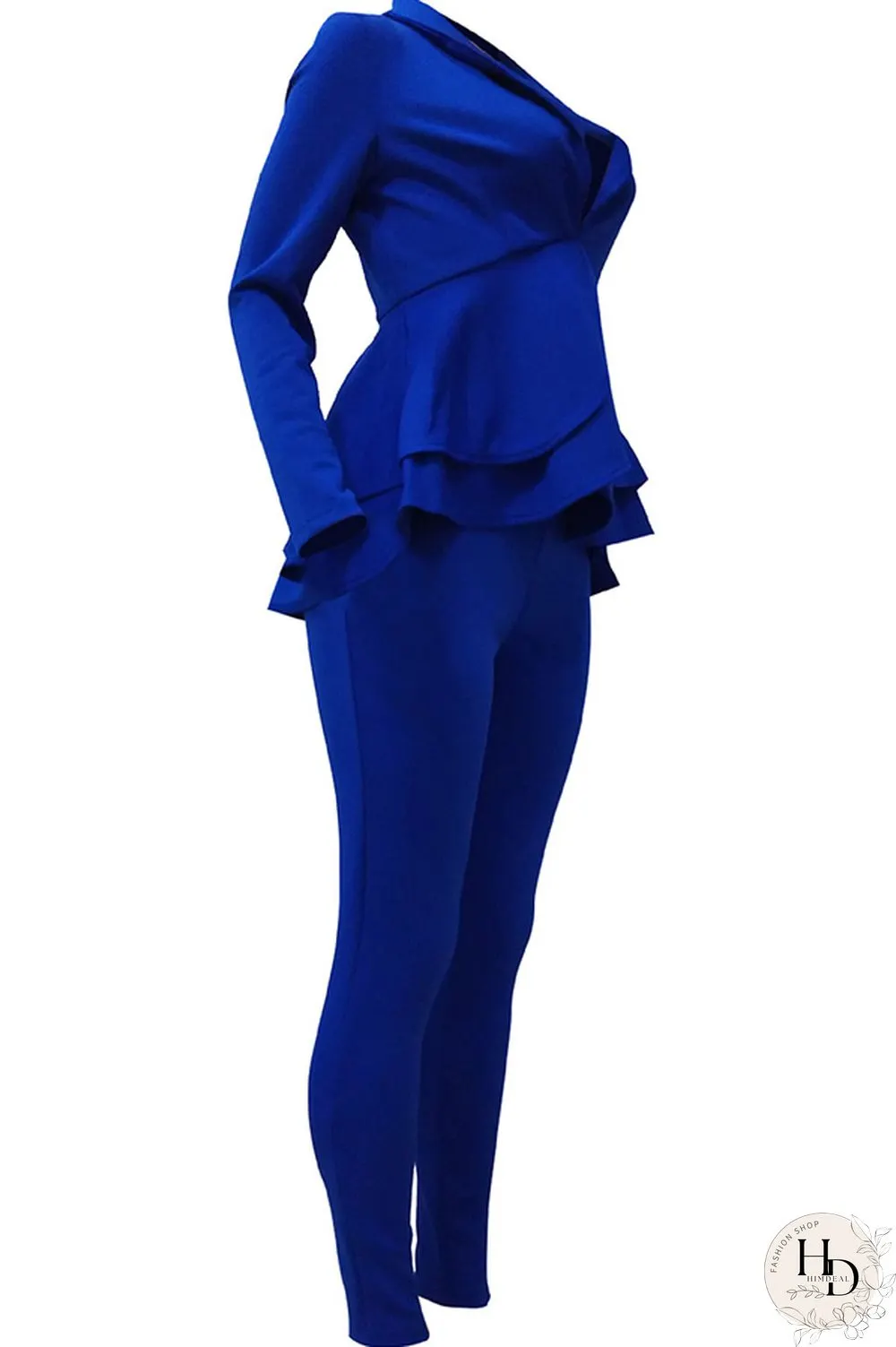 Black Casual Two Piece Suits Patchwork ruffle Solid pencil Long Sleeve