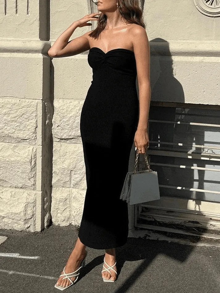 Brownm Knitted Twist Strapless Maxi Dress
