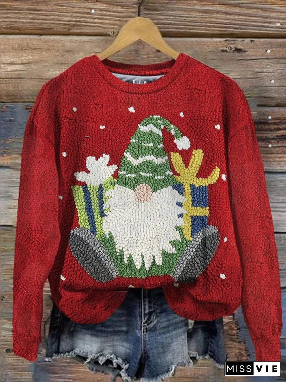 Women's Christmas Gnome Print Crew Neck Sweatshirt