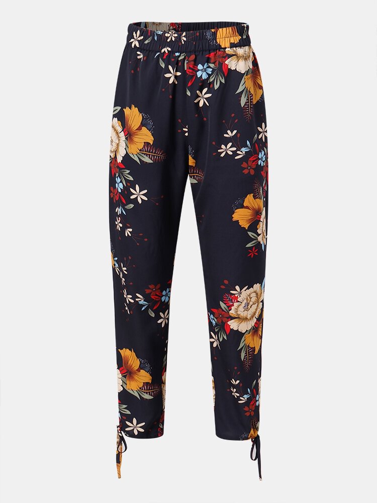 Bohemian Floral Print Knotted Pocket Long Casual Pants for Women - Shop Trendy Women's Fashion | TeeYours