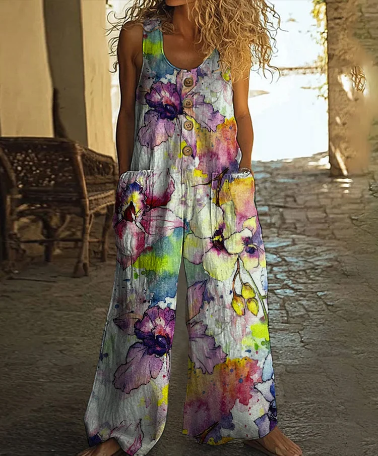 Vintage Floral Print Casual Wide-leg Jumpsuit