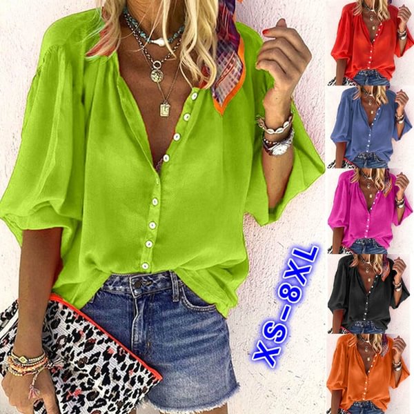 Spring Summer Clothes Womens Fashion Tops Loose T-shirts Solid Color Deep V-neck Shirts Ladies Button Up Long Sleeve Chiffon Blouses XS-8XL - Life is Beautiful for You - SheChoic