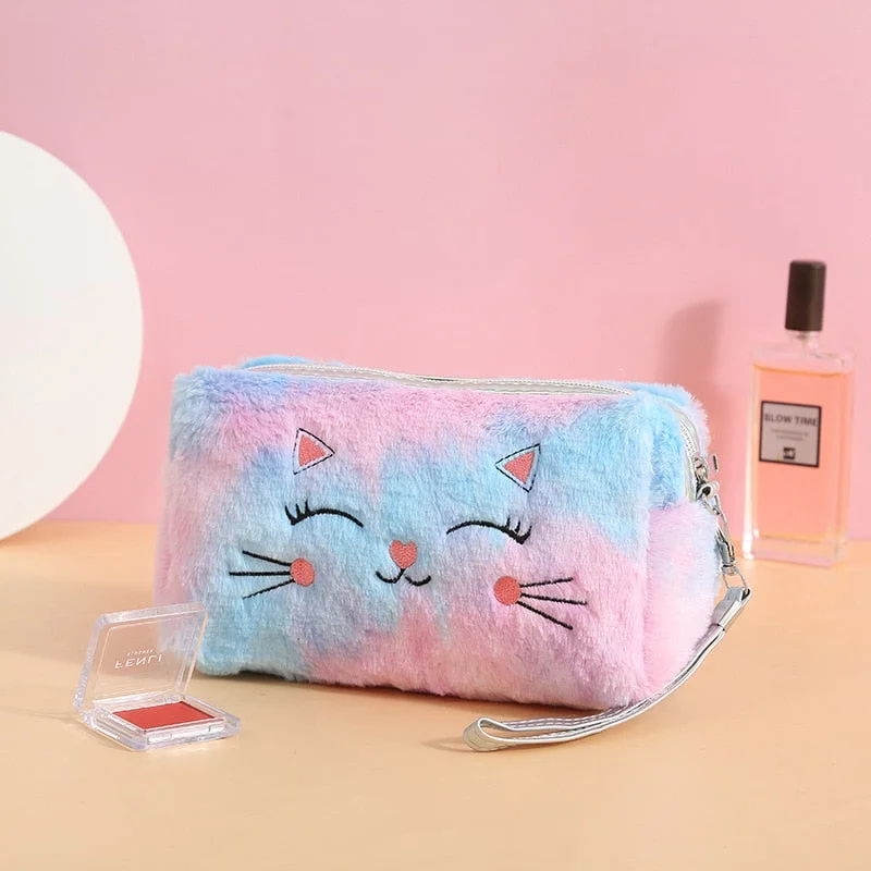 PURDORED 1 Pc Fur Cat Cosmetic Bag for  Women Plush Girl Makeup Bag Female Beauty Case Travel Portable Toiletry Makeup Case Bag