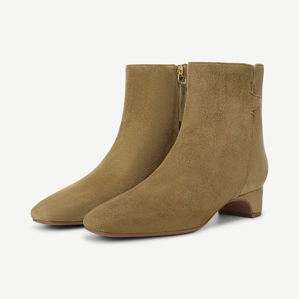 Vegan Suede Zip Square Toe Low Heel Short Boots for Women in Olive