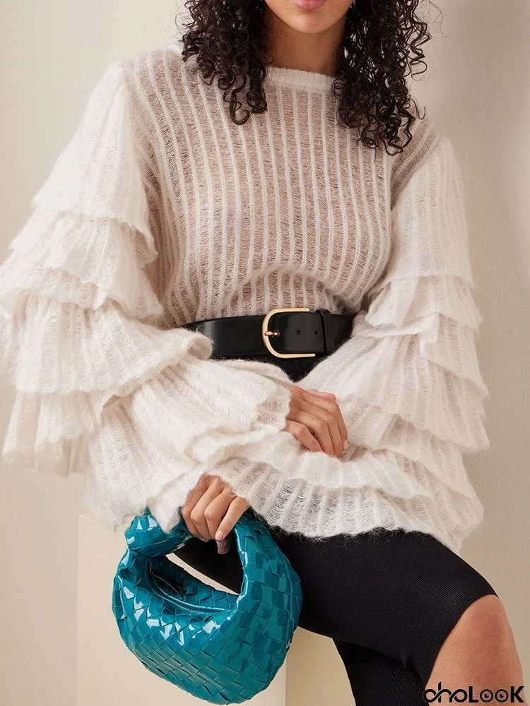 Fashion Loose Ruffled Plain Bordered Round-Neck Sweater Tops