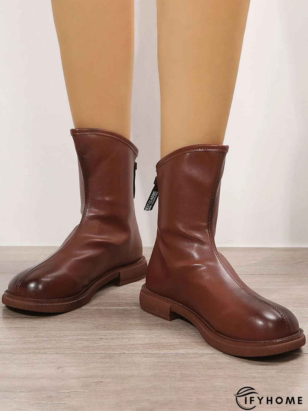 Antique Polished Short Back Zip Block Heel Boots | IFYHOME