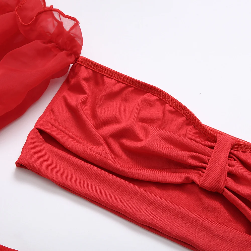 Billionm Sexy Lingerie Set Red Lace Underwear Off Shoulder Sleeves Nightwear Erotic Bra and Panties Hollow Out Mesh Intimate Sensual Sets