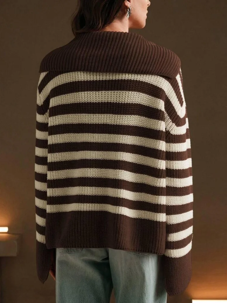 Nigikala Nigikala 2025 New Fashion Stripe Jersey Casual Loose Long-Sleeved Women's Sweater