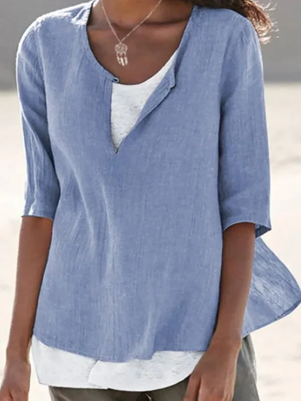 Plus Size Women's V-neck Solid Color Cotton And Linen Women's Shirt