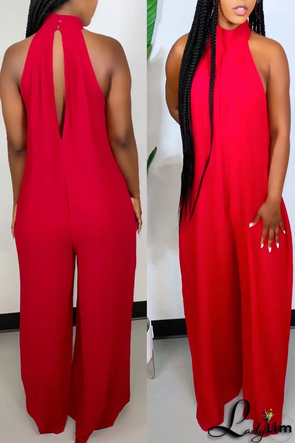 Red Fashion Casual Daily Solid Cut Out Halter Loose Jumpsuits