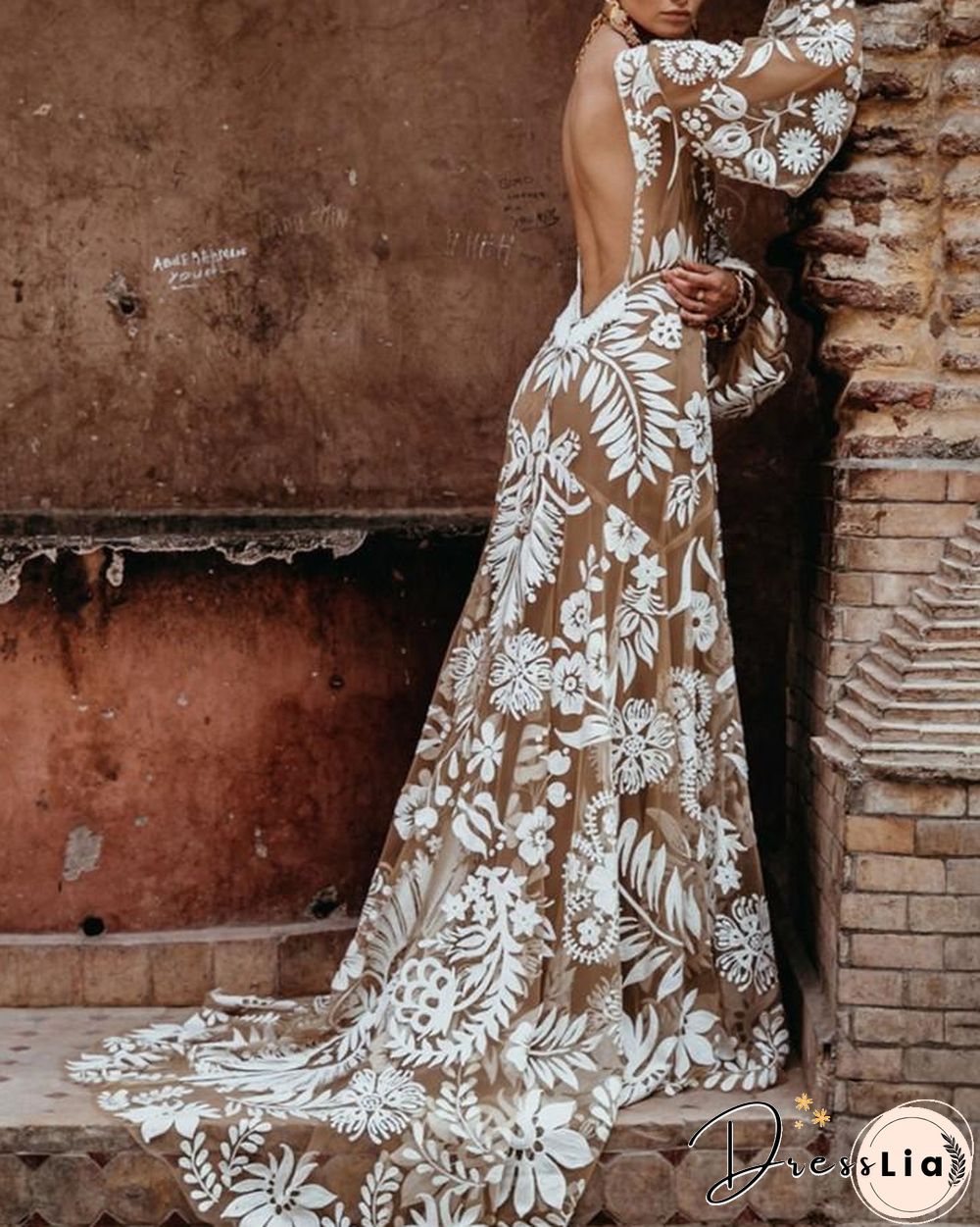 Lace Floral Embroidery Backless Loose Puff Sleeve Maxi Dress P12971