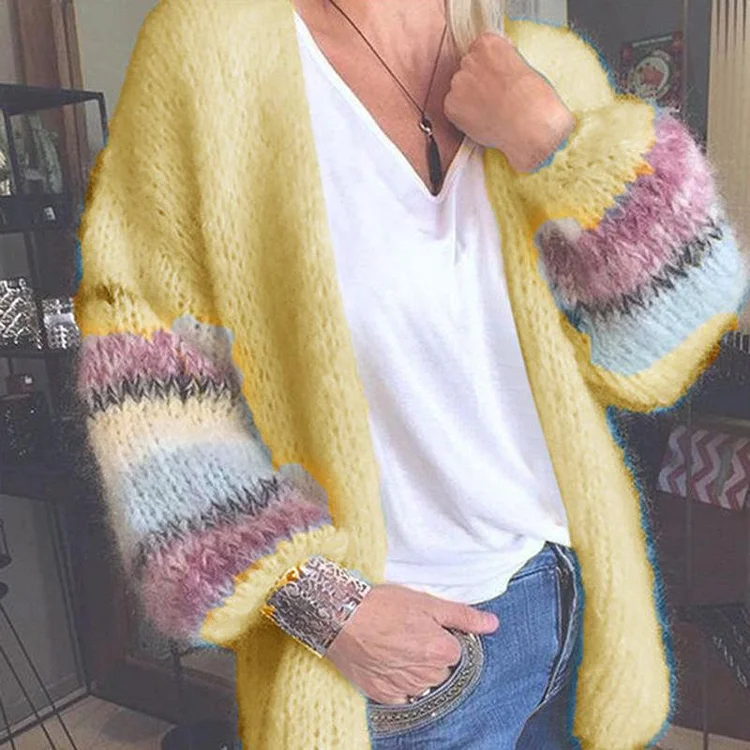 Mohair Cardigan Womens Sweaters Candy Color Sweater Knit Cardigan Coat Striped Long Lantern Sleeve Mohair Sweater