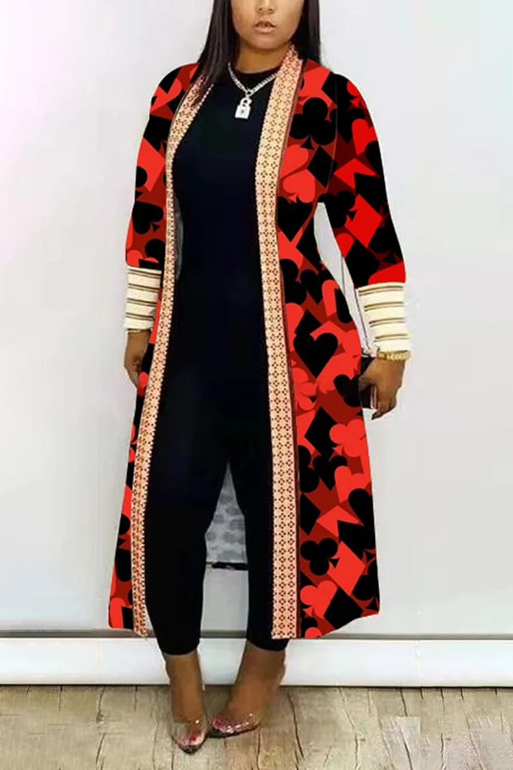 Plus Size Casual Red Poker Print Long Sleeve Ankle Length Outerwear Cardigan