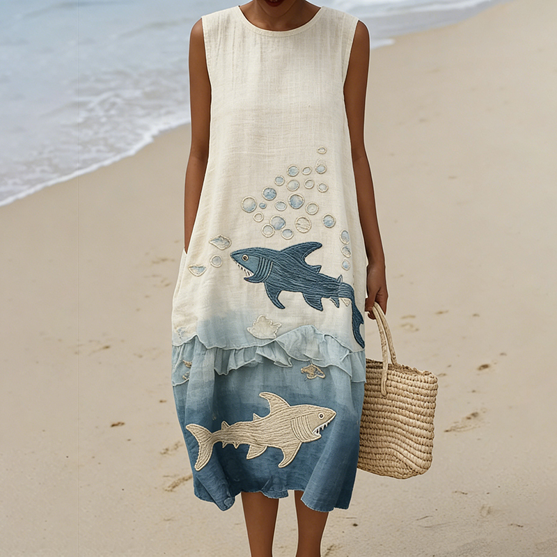 Women's Vintage Shark Art Print Linen-blend Dress wearshes