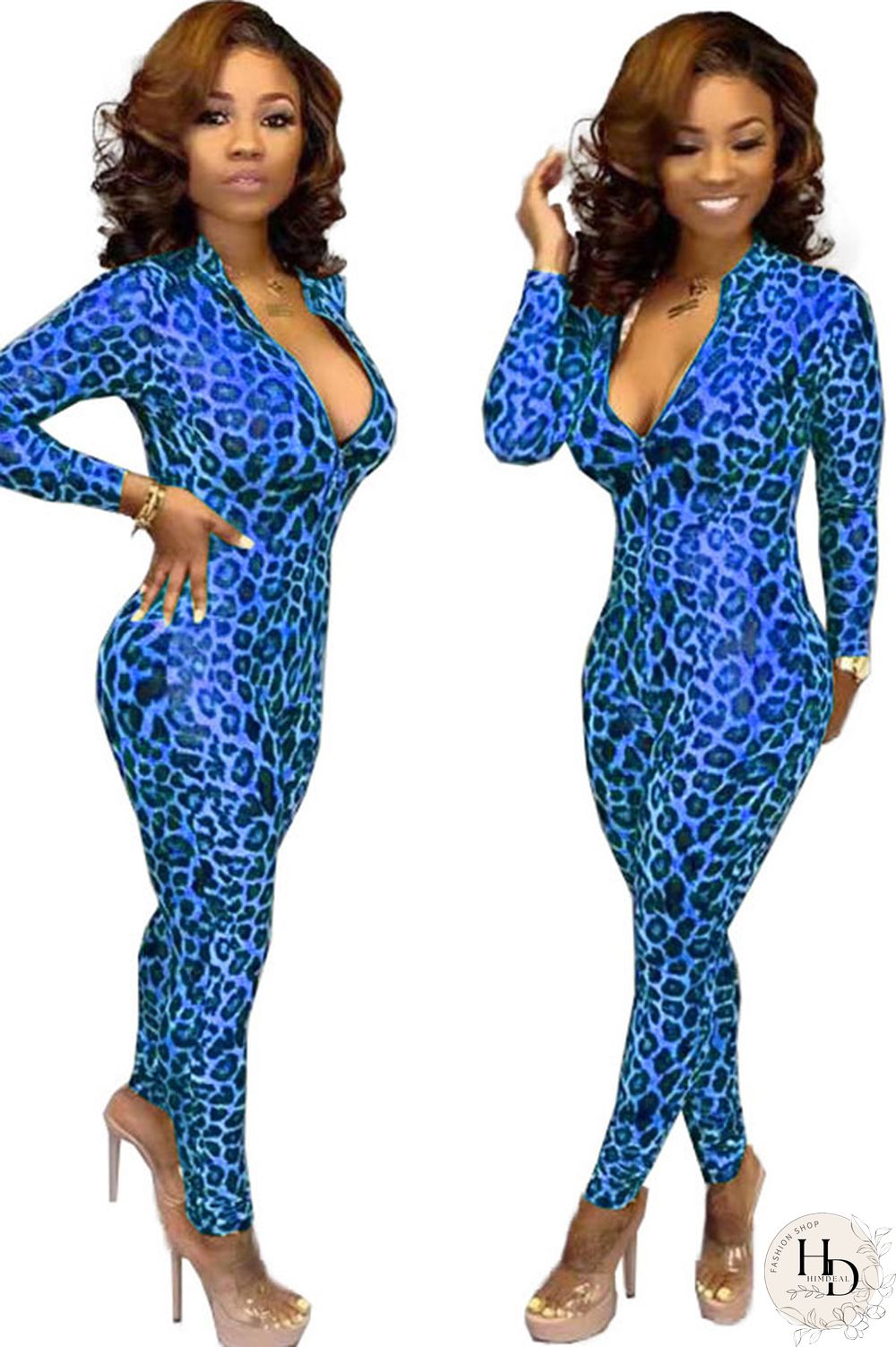 Blue Sexy Print Polyester Long Sleeve O Neck Jumpsuits