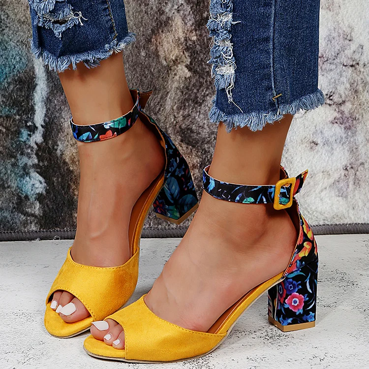 Multicolor Chunky Heel Peep Toe Ankle Strap Sandals Vdcoo