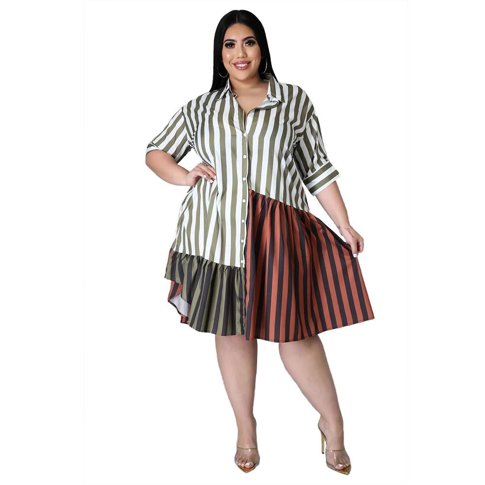 Plus Size Clothing for Women Dress Wholesale  Fashion Streetwear Patchwork Striped Office Lady Shirts Midi Dresses Dropshipping