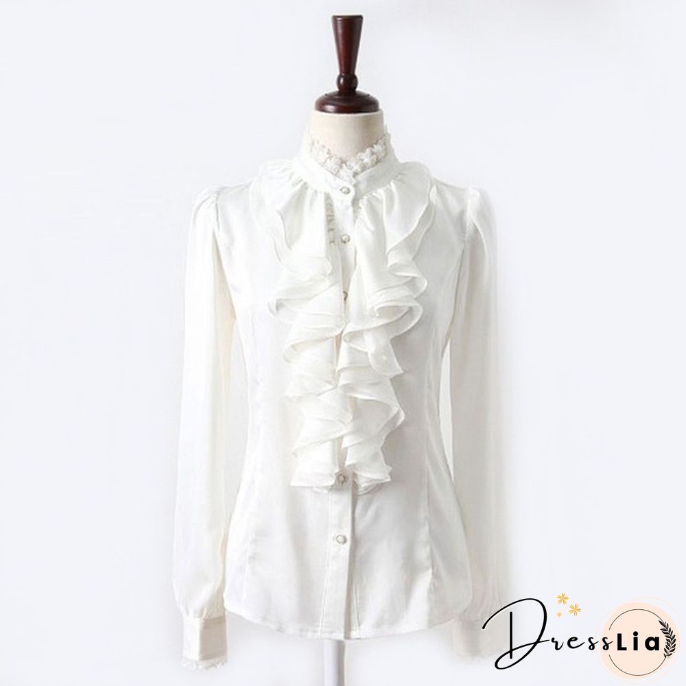 Womens Satin Silk-like Long Sleeve Office Slim Shirt Frill Drape Ruffle Trim Stand Collar Blouse Top