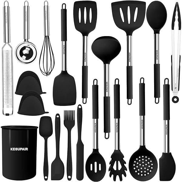 Kesupair Silicone Kitchen Utensils Set, 20 pcs Cooking Utensils Set-Cooking Utensil - Kitchen Gadgets and Tools with Holder-Stainless Steel Kitchen Utensil with Grater,Turner,Tongs(Drk Grey)