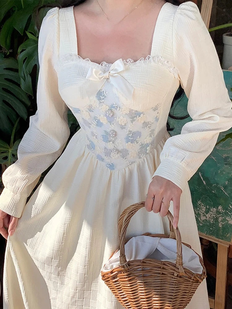 Aiertu Floral Print Vintage Sweet Dress Women Lace Elegant Evening Party Midi Dresses Ladies Long Sleeve French Retro Dress Summer Aiertu