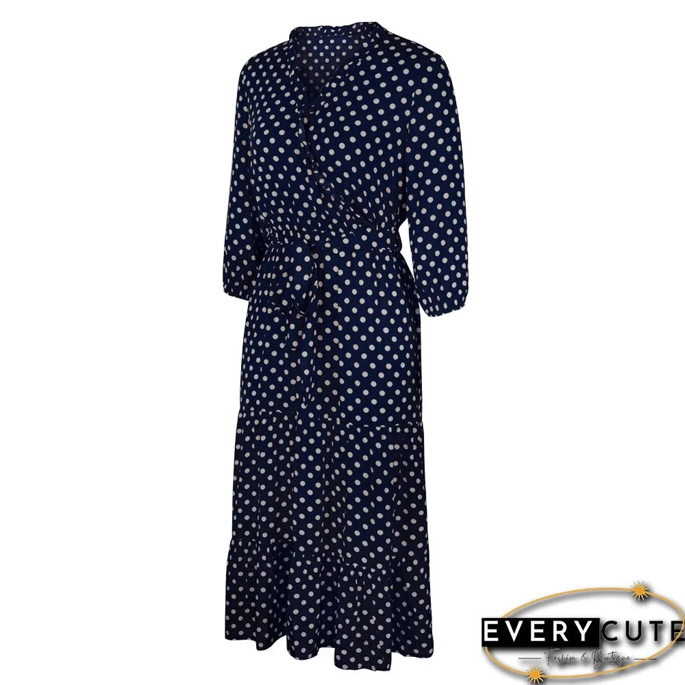 Navy Blue 3/4 Sleeve Polka Dot Ruffle Hem Maxi Dress