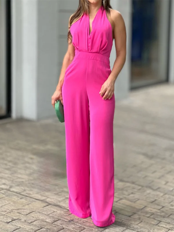 Ladies Elegant Fashion Solid Color Sleeveless Jumpsuit