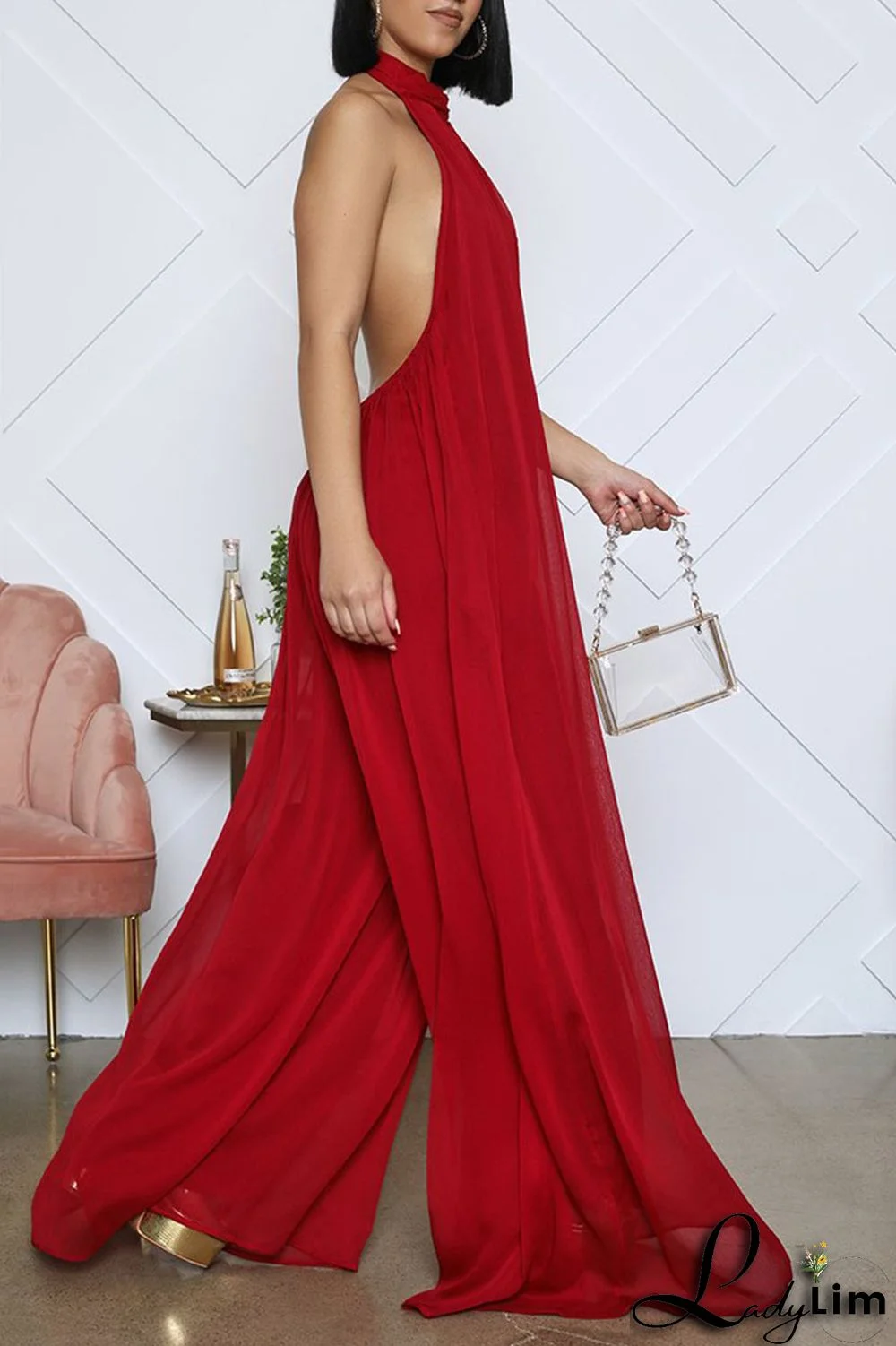 Yellow Elegant Solid Patchwork Backless Halter Straight Jumpsuits