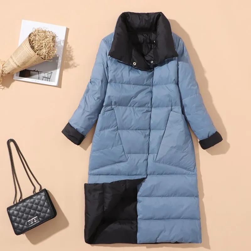 FTLZZ New Autumn Winter Women Double Sided Ultra Light Long Down Coat 90% White Duck Down Parkas Warm Snow Plaid Outwear