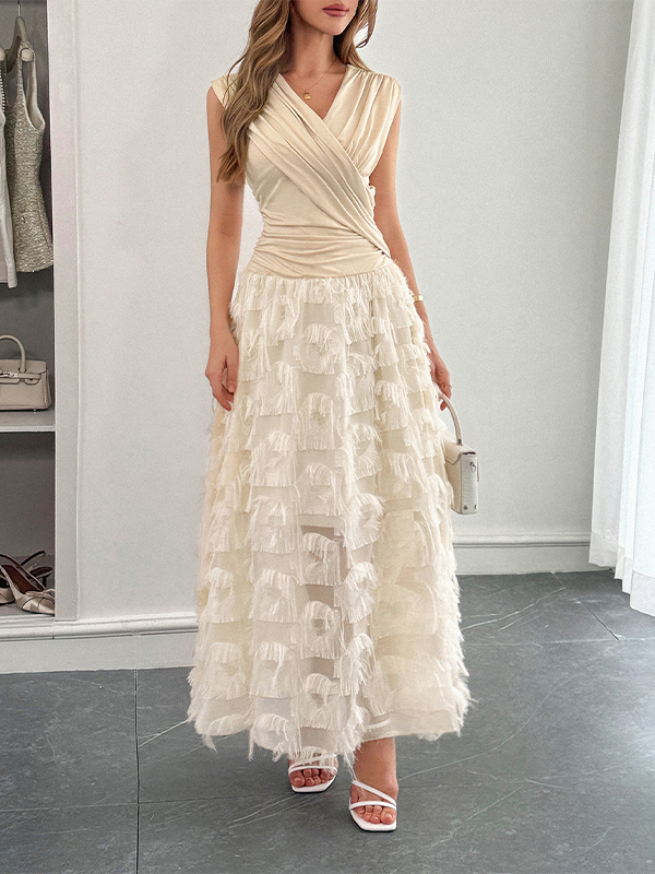 Fringed Detail Sleeveless V Neck Maxi Dress