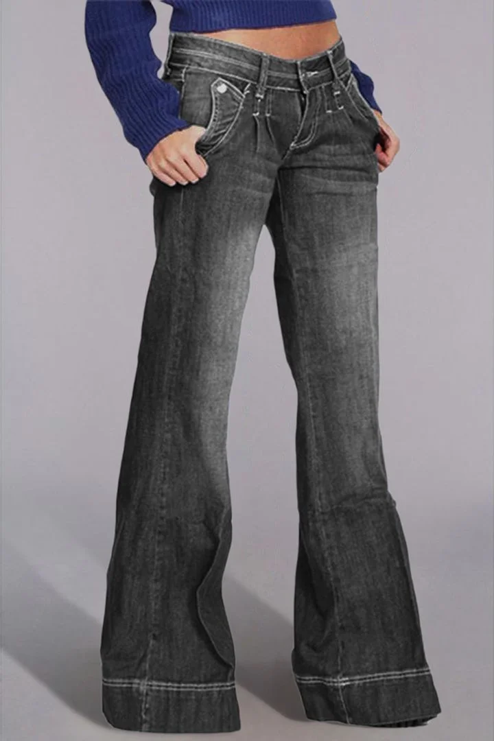 Pleated Pocket Detail Low Waist Flare Jeans