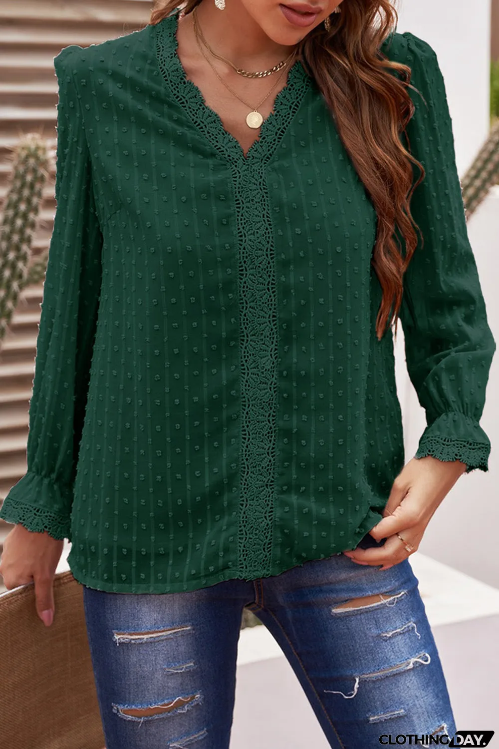 Elegant V-Neck Swiss Dot Lace Blouse
