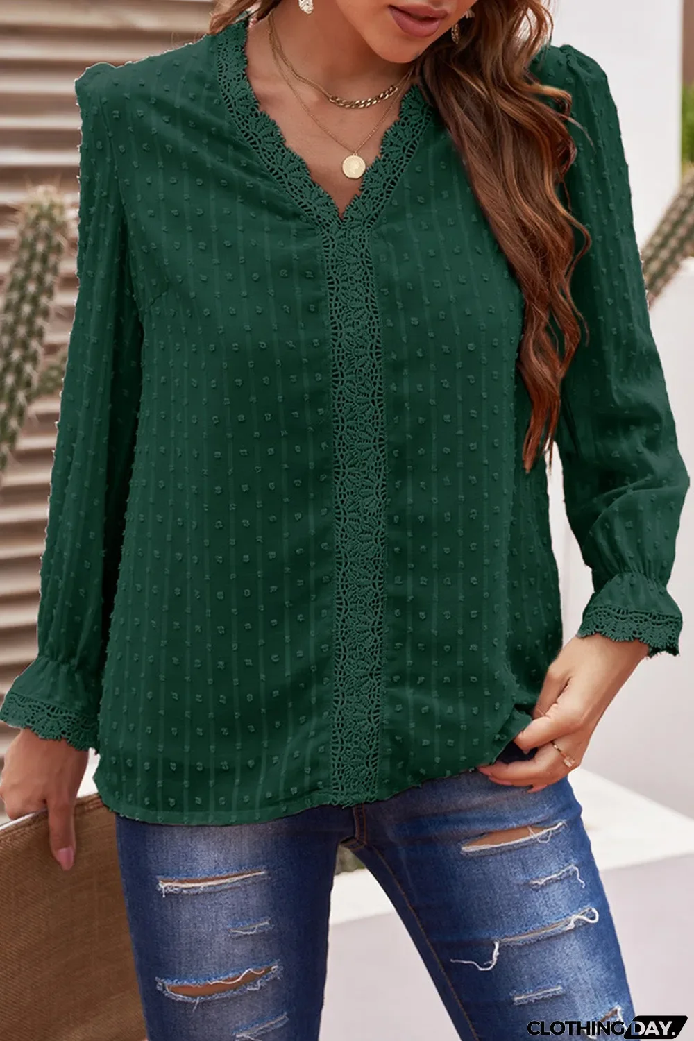 Elegant V-Neck Swiss Dot Lace Blouse