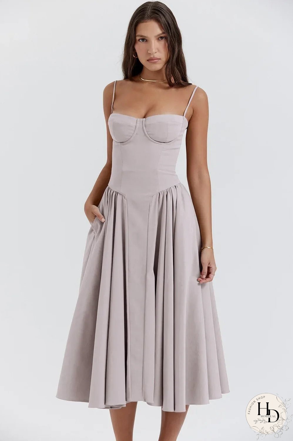 Elegant Solid Sling Long Pleated Dress Chic Sleeveless Backless A-Line Summer Party Club
