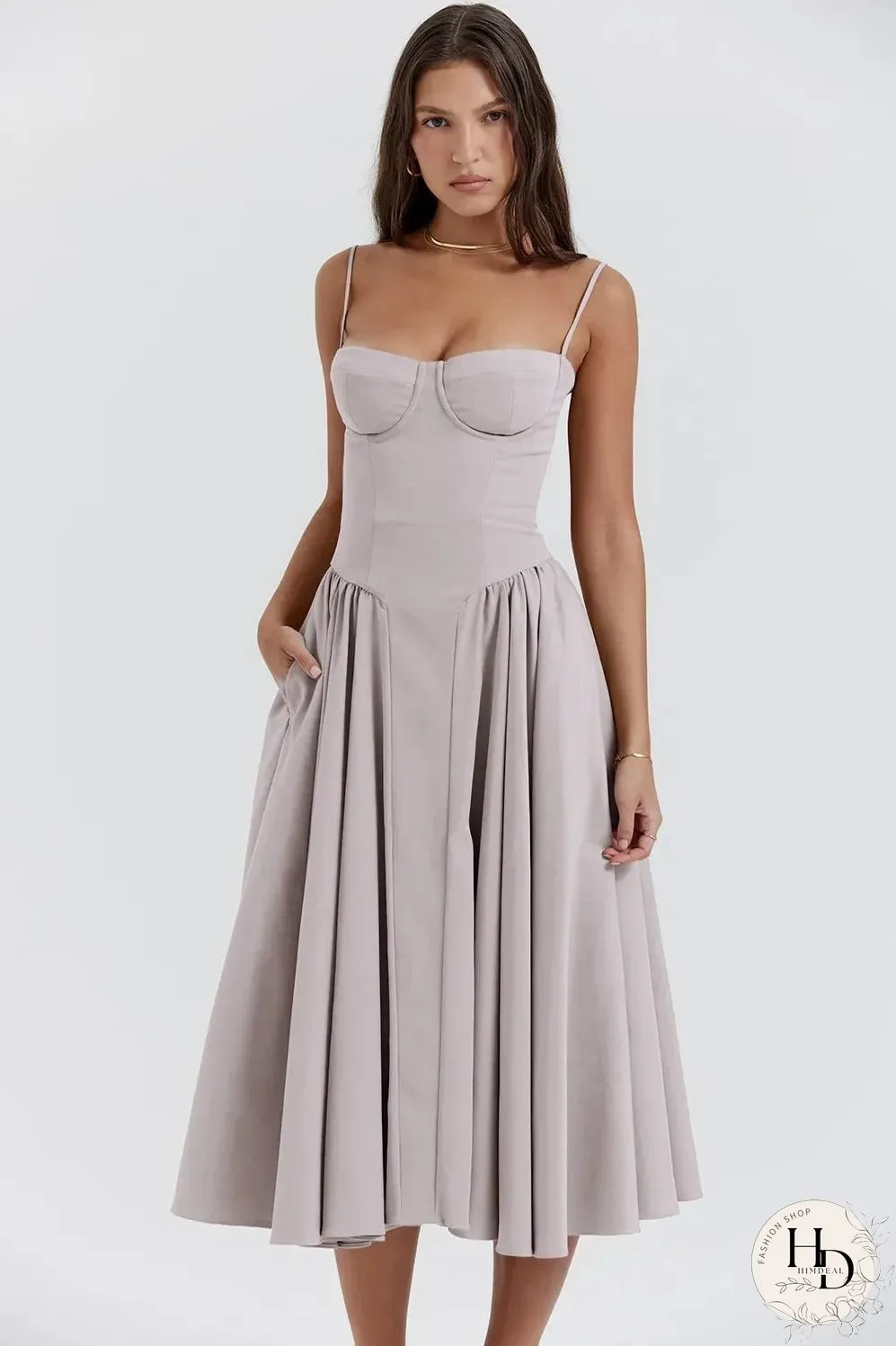 Elegant Solid Sling Long Pleated Dress Chic Sleeveless Backless A-Line Summer Party Club