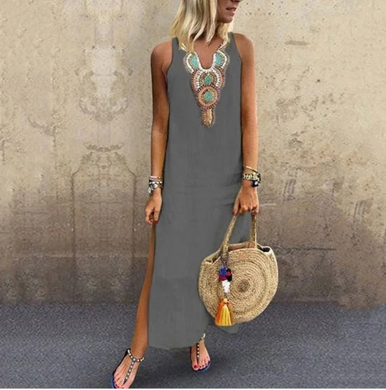 Sleeveless V-neck side slit print dress
