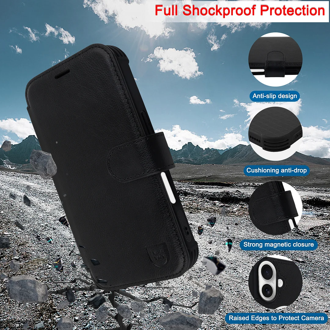 VANAVAGY Compatible for iPhone 16 Wallet Case for Magsafe Wireless Charging,Leather Flip Folio Wrist [Glass Screen Protectors & Camera Lens Protectors] with RFID Block Card Holder