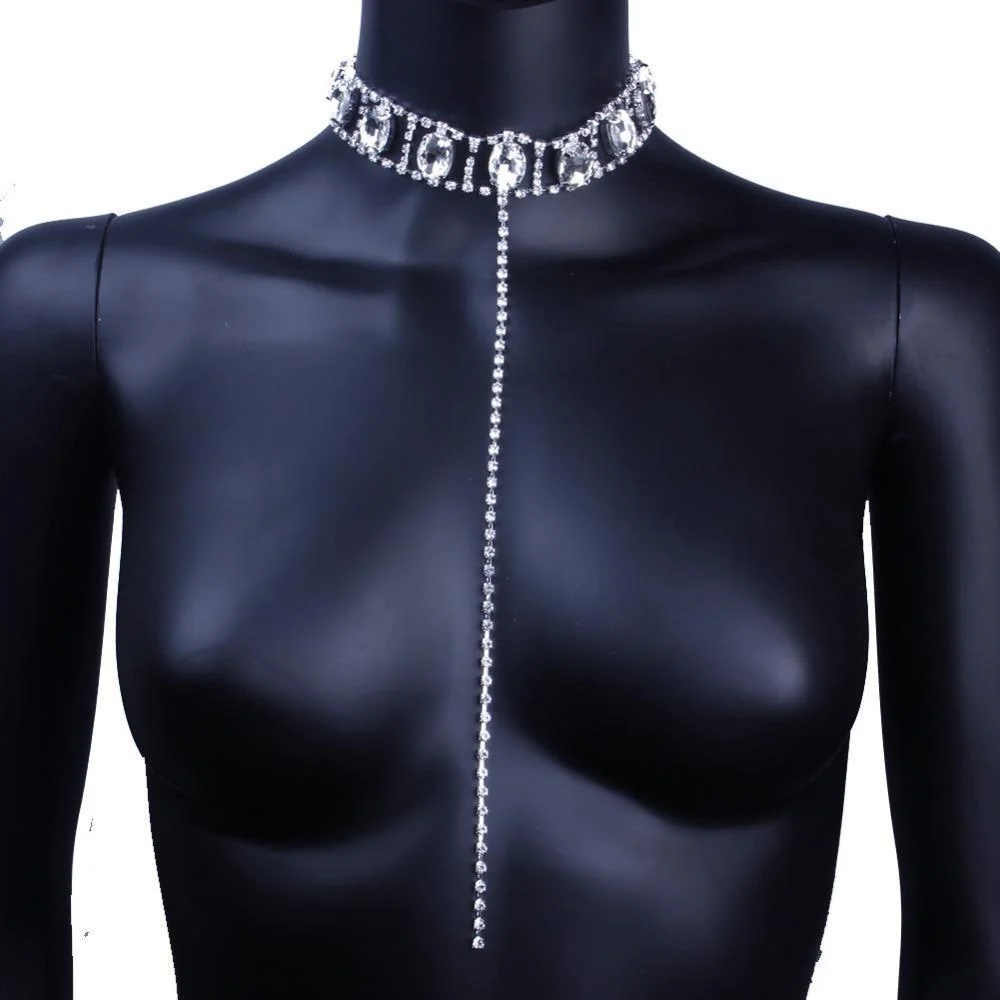 Rhinestone long necklace sexy body chain-zachics