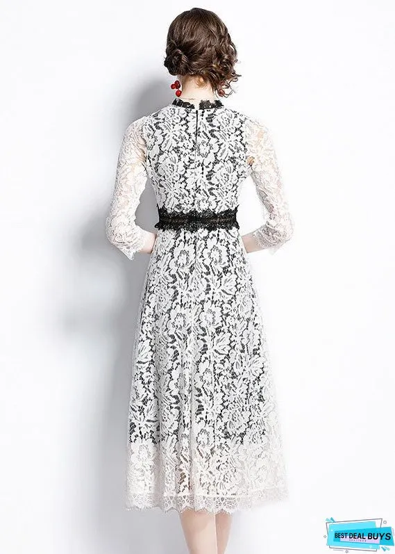 Women White O-Neck Patchwork Lace Party Dress Bracelet Sleeve