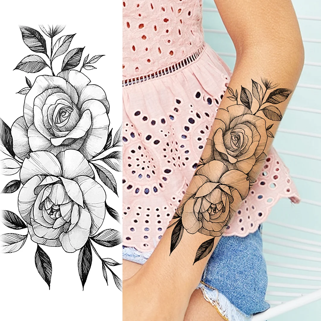 Sdrawing Peony Flower Moon Temporary Tattoos For Women Adult Rose Daisy Crown Fake Tattoo Fashion Washable Half Sleeve Tatoos