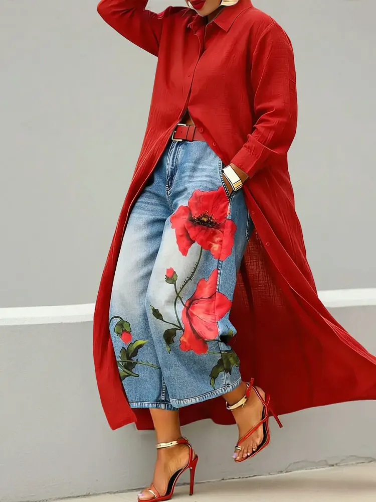 Women's Abstract Art Print Casual Loose Wide-leg Denim Pants