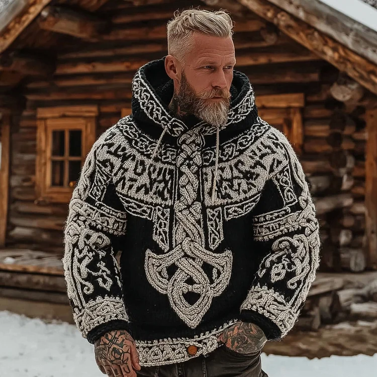 Men's Vintage Viking Celtic Pattern Art Knit Hooded Sweater
