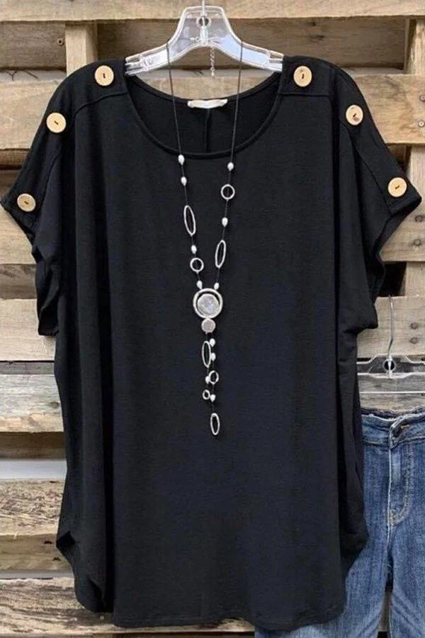 Casual Round Neck Button T-shirt-Mayoulove