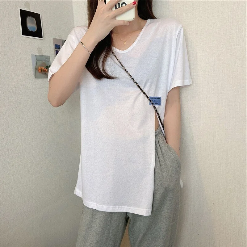 Back to School Pink Short Sleeve Women T Shirts Solid Color Fashion Split Female Tshirt Oversized 2022 New Summer Loose Tops Streetwear
