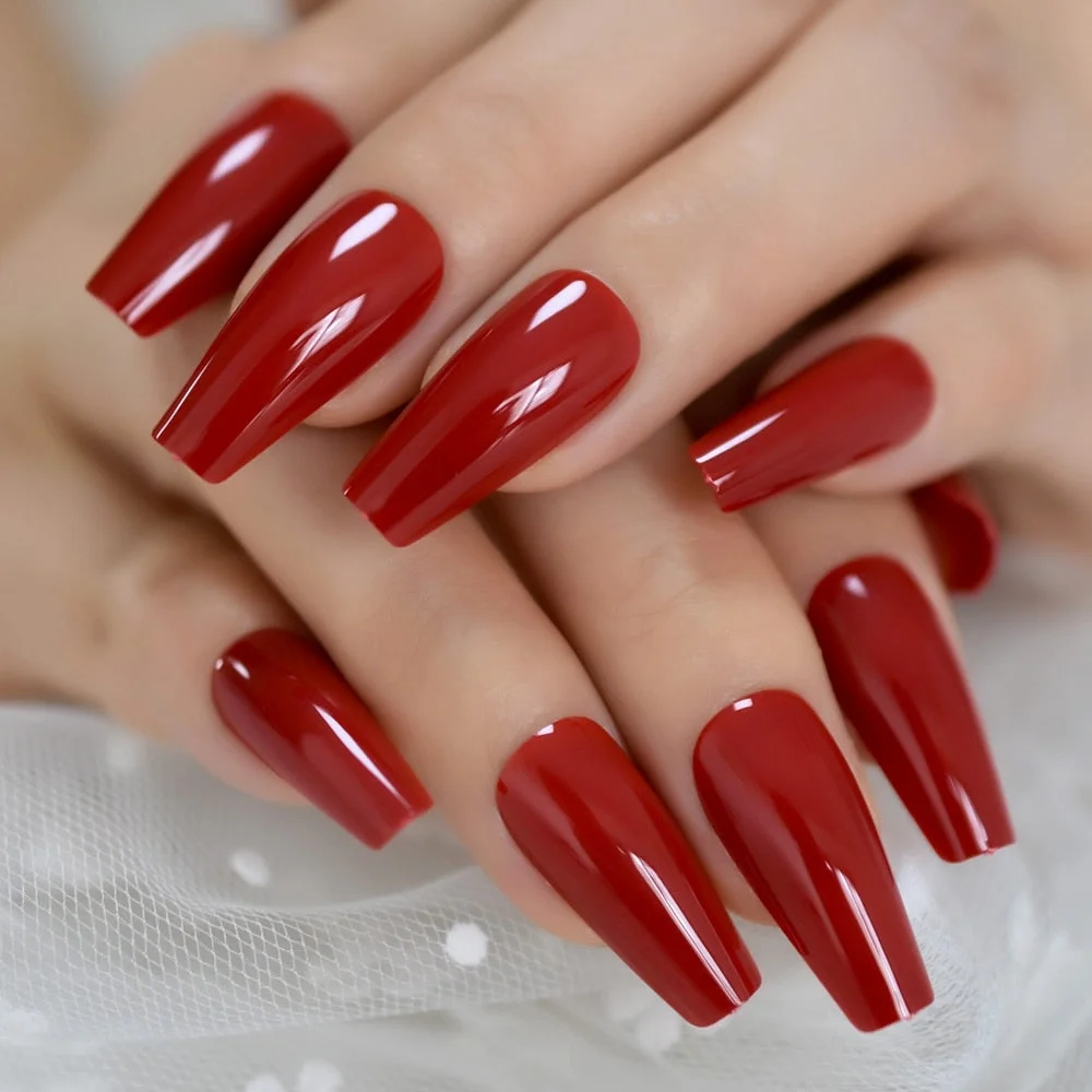 Classical China Red Ballerina Press On Nails Slim Tapered Shape Shiny Glossy Fingernails 24-Nail Inspo