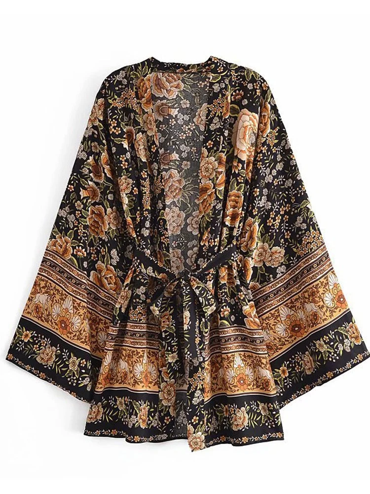 Fitshinling Cotton Vintage Kimono Women Vintage Beach Cover Up Print Floral Slim Cardigan With Sashes Flare Sleeve Boho Blouse