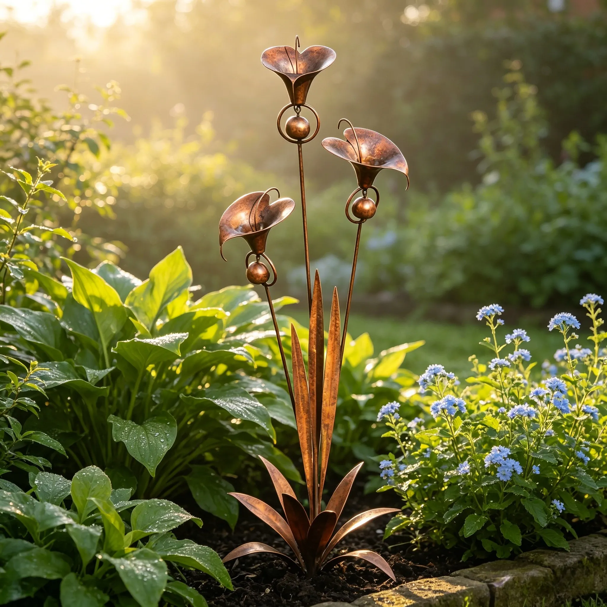 Flamed Copper Three Calla Lilies Garden Stake with Bells, 28" Handcrafted Outdoor Yard Art