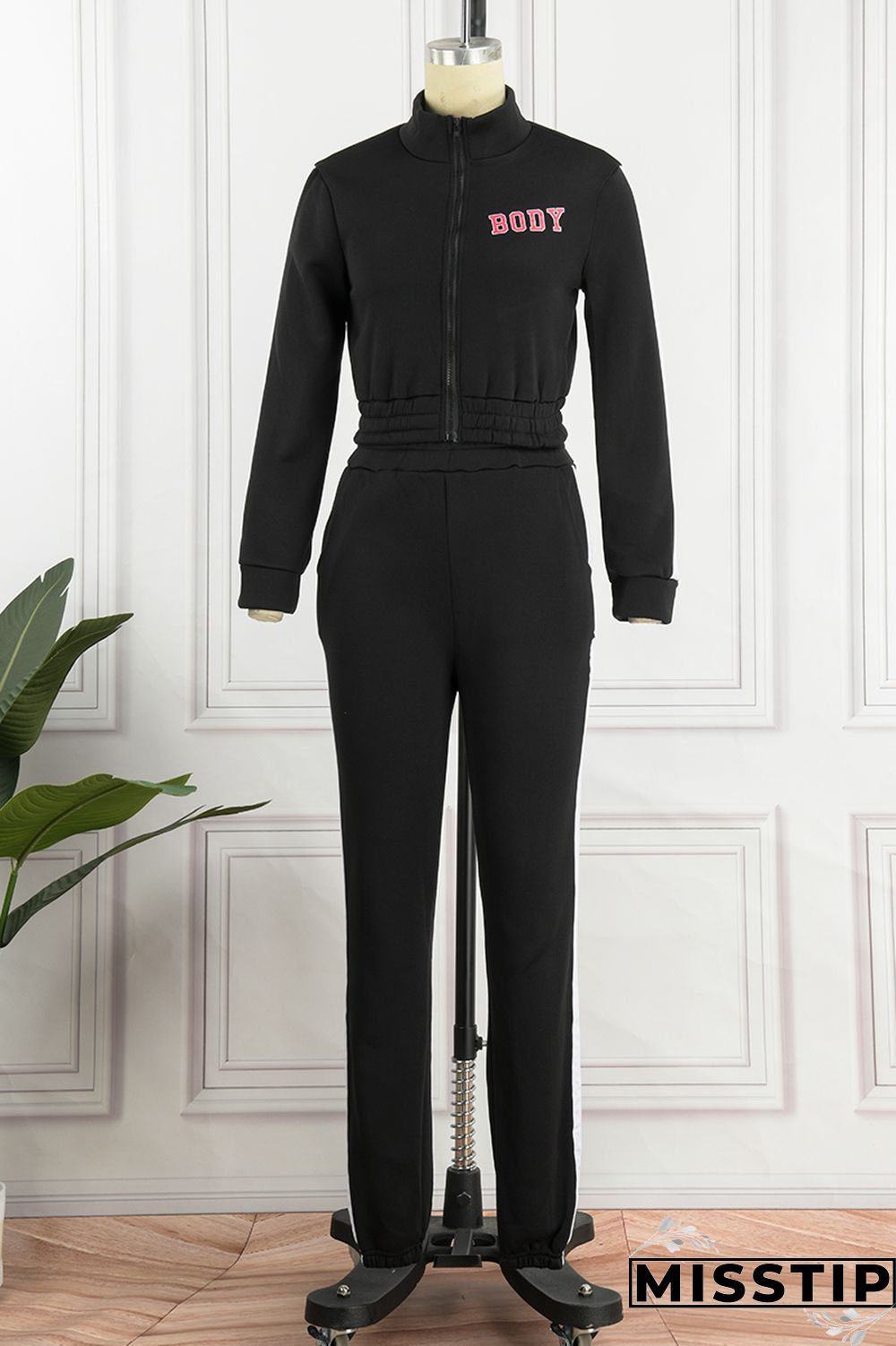 Blue Casual Letter Print Patchwork Zipper Collar Long Sleeve Two Pieces