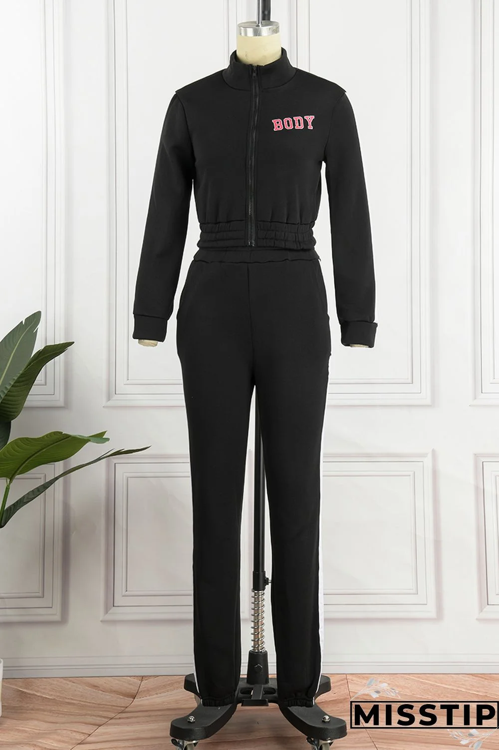 Blue Casual Letter Print Patchwork Zipper Collar Long Sleeve Two Pieces