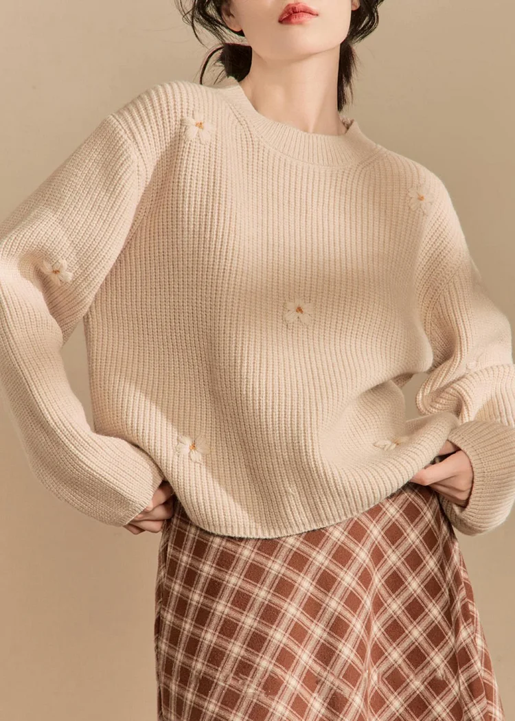 New Beige O Neck Solid Cozy Knit Sweaters Winter